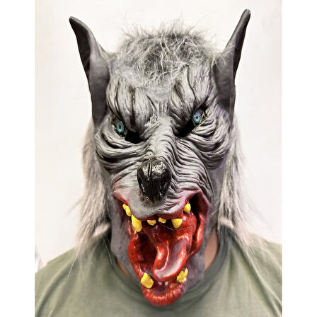 Kafaya Tam Geçmeli Lateks Dil Çıkaran Mavi Gözlü Kurt Maskesi 