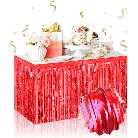 Kendinden Yapışkanlı Kırmızı Metalize Püsküllü Masa Eteği – 75 x 275 cm Parti Süslemesi 