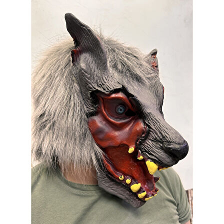 Kafaya Tam Geçmeli Lateks Dişli Ağzı Açık Kurt Maskesi 