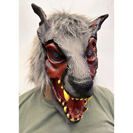 Kafaya Tam Geçmeli Lateks Dişli Ağzı Açık Kurt Maskesi 