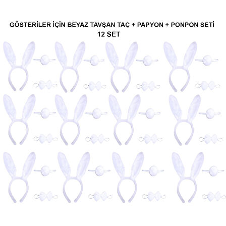 Beyaz Tavşan Kostüm Seti – Taç, Papyon, Kuyruk (12’li Paket) 