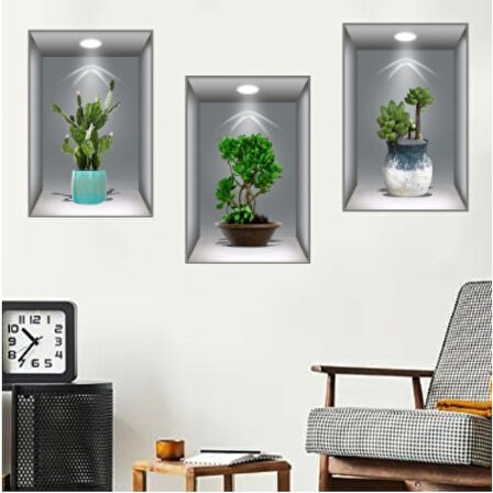 3d Çiçek Vazo Duvar Sticker 3 Lü Set Gri Fon 