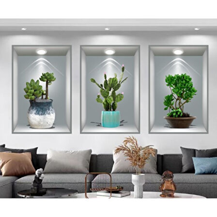 3d Çiçek Vazo Duvar Sticker 3 Lü Set Gri Fon 