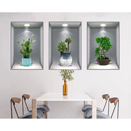 3d Çiçek Vazo Duvar Sticker 3 Lü Set Gri Fon 