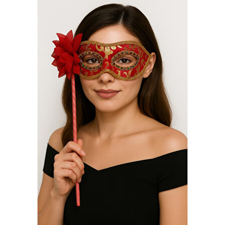 Lüks Taşlı Saplı Maskeli Balo Maskesi Kırmızı Renk 35 cm 