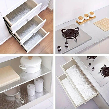 Rulo Gümüş Alüminyum Folyo Duvar Kağıdı, Kendinden Yapışkanlı Raf İçi, Su Geçirmez Folyo  2 Mt X 60 Cm 