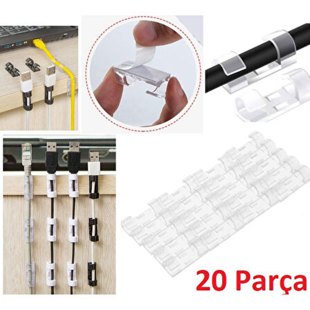 20&amp;apos;li Yapışkanlı Kablo Sabitleyici Şeffaf Klips 