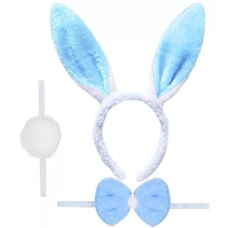 Tavşan Kostüm Seti Taç Papyon Ponpon Kuyruk Mavi 