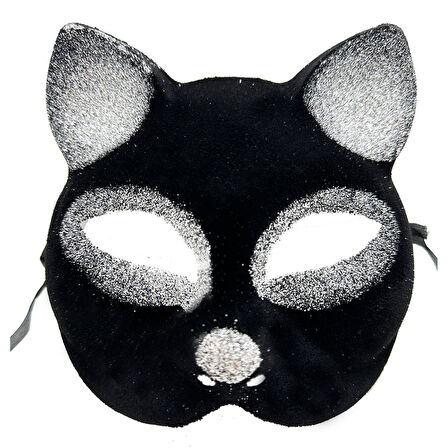 Siyah Renk Gümüş Simli Süet Kaplama Kedi Maskesi 18x14 Cm 