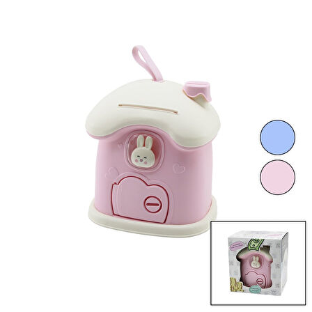 BÜYÜK=18X16X18CM EV MODELİ KİLİTLİ RENKLİ PLASTİK ÇOCUK KUMBARA TAVŞAN FİGÜRLÜ 