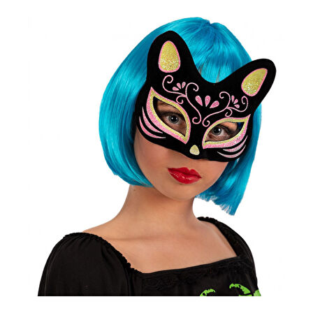 Siyah Renk Süet Kaplama Üzeri Sarı Pembe Simli Kedi Maskesi 17x14 Cm 