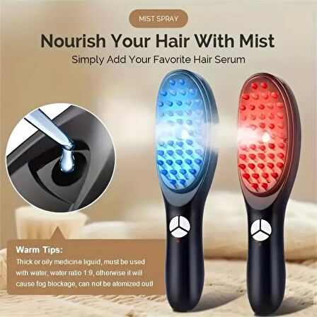 ​​Buharlı Titreşimli ve Kırmızı Mavi Işık Terapili Kafa ve Saç Bakım Tarağı 