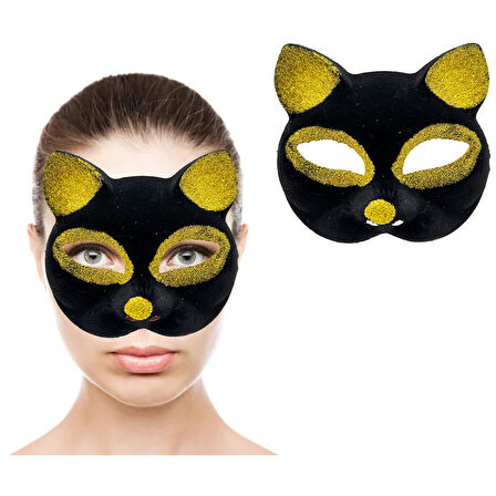 Siyah Renk Gold Simli Süet Kaplama Kedi Maskesi 18x14 cm 