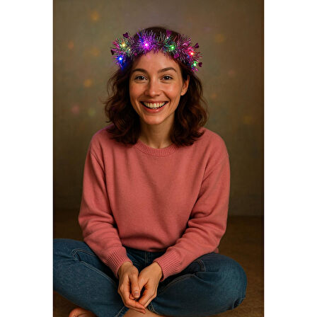 Kalp Püsküllü Gece Parıltısı 3 Modlu Led&amp;apos;li Işıklı Taç Fuşya Renk 