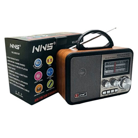 Orta Boy Retro, Nostaljik, Ahşap Tasarım Bluetooth Hoparlörlü, Şarjlı, Taşınabilir FM/AM Destekli Radyo NS-8897 