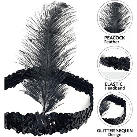 Siyah Renk Tüylü Çarliston Saç Bandı Kafa Bandı 