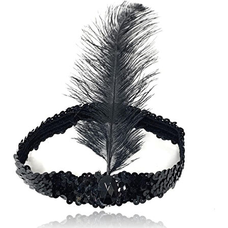 Siyah Renk Tüylü Çarliston Saç Bandı Kafa Bandı 