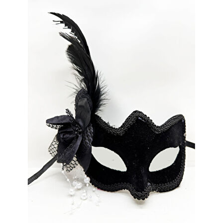 Siyah Renk Yandan Tüylü Beyaz İncili Süet Kaplama A Kalite Lüks Parti Maskesi 20x23 cm 