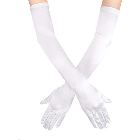 Beyaz Renk Dirseğe Kadar Uzun Kumaş Eldiven 40 cm 