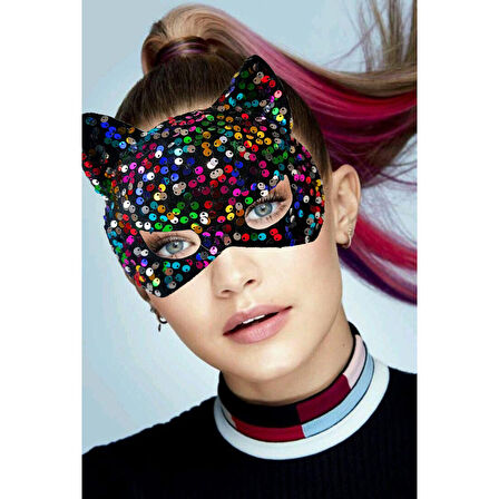 Siyah Kadife Kumaş Üzerine Rengarenk Payetli Pullu Parti Maskesi 16x14 cm 