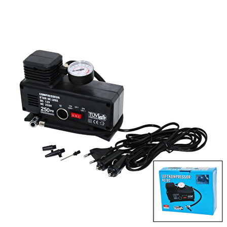 2IN1- FİŞLİ - OTO ÇAKMAKLIK TEK PİSTON KOMPRESÖR AC/DC - 12V-230V - 250PSI 