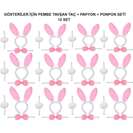 Pembe Tavşan Kostüm Seti – Taç, Papyon, Ponpon (12’li Paket) 