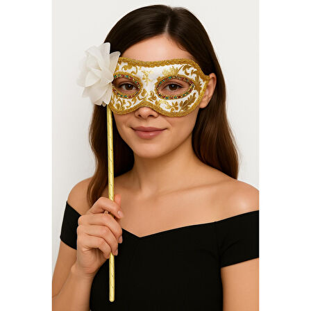 Lüks Taşlı Saplı Maskeli Balo Maskesi Beyaz Renk 35 Cm 