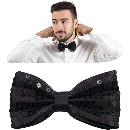 Gece Işıltısı Siyah Payetli Pullu Papyon 7x2 cm 