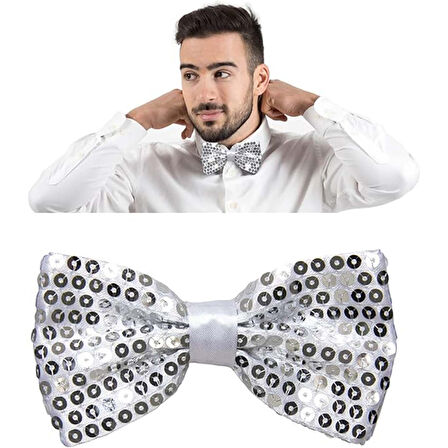 Gece Işıltısı Gümüş Payetli Pullu Papyon 7x2 Cm 