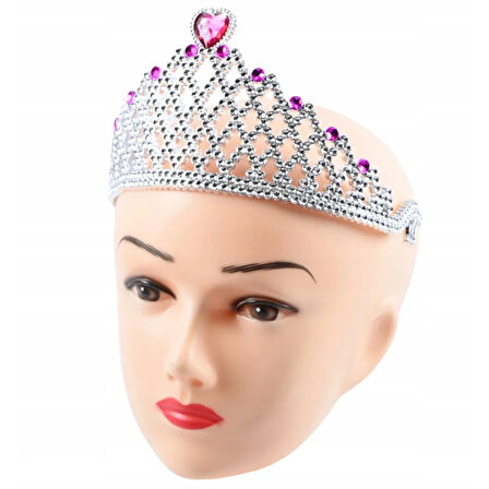 Fuşya Kalpli Gümüş Renk Kraliçe Tacı Prenses Tacı 