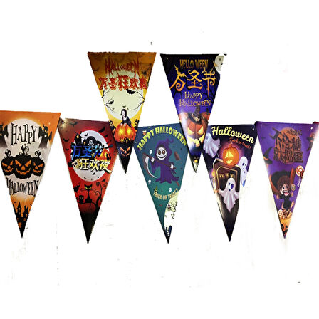 Lüks Baskılı Üçgen Model Halloween Banner Süs Bayrak 8 li 