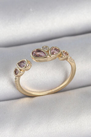Pirinç Gold Renk Pembe Damla Zirkon Taşlı Ayarlanabilir Kadın Yüzük - Lisinya