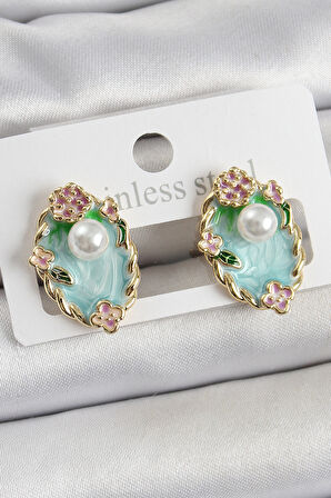 Pirinç Yeşil Mineli İnci Detaylı Sanatsal Portre Model Gold Renk Kadın Küpe - Lisinya