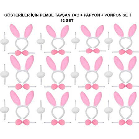 Pembe Tavşan Kostüm Seti – Taç, Papyon, Ponpon (12’li Paket)