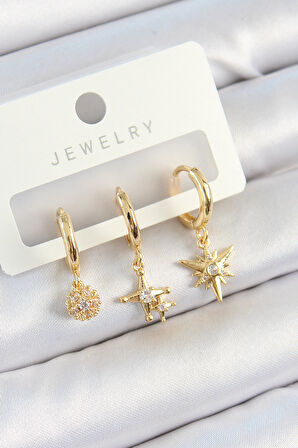 Pirinç Zirkon Taşlı Yıldız Model Gold Renk 3'lü Çift Kadın Küpe Set - Lisinya