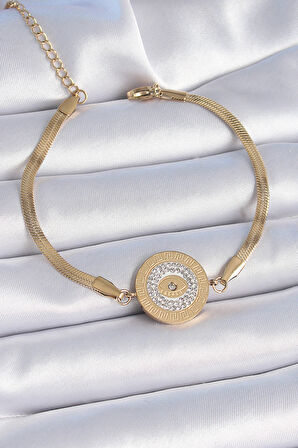 316L Çelik Gold Renk İtalyan Zincir Zirkon Taşlı Göz İşlemeli Madalyon Model Kadın Bileklik - Lisinya