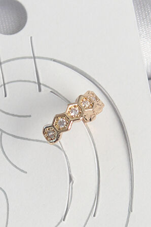 Pirinç Gold Renk Zirkon Taşlı Bal Peteği Model Kadın Kıkırdak Küpe - Lisinya