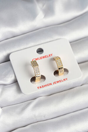 Pirinç Gold Renk Zirkon Taşlı Altıgen Kadın Küpe - Lisinya