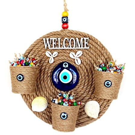 Üç Saksılı Welcome Yazılı Deniz Kabuklu Nazar Boncuklu Hasır Kapı Süsü