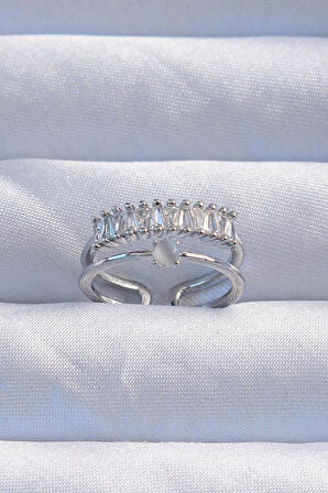 Pirinç Gümüş Renk Sedefli Zirkon Taşlı Su Yolu Model 2li Görünüm Ayarlanabilir Yüzük - Lisinya