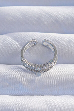 Pirinç Gümüş Renk Sedefli Zirkon Taşlı Su Yolu Model 2li Görünüm Ayarlanabilir Yüzük - Lisinya