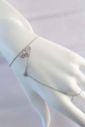 316L Çelik Gümüş Renk Pembe Zirkon Taşlı Kanatlı Kalp Model Şahmeran - Lisinya