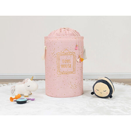 Baby Kullanımı Kolay Desenli Taşınabilir Torbalı Yuvarlak Sepet(pembe) Çamaşır Sepeti 04270 ( Lisinya )