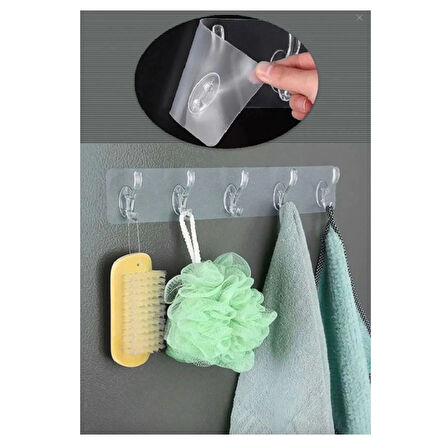 2 Adet Kendinden Yapışkanlı Güçlü Şeffaf 5li Askılık - Kapı Arkası Mutfak Duvar Banyo ( Lisinya )