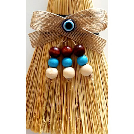 Otantik Ahşap Boncuklu Nazarlıklı Otantik Mini Süpürge Duvar Süsü