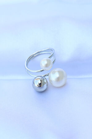 Pirinç Gümüş Renk Ayarlanabilir İnci Taşlı Yüzük - Lisinya