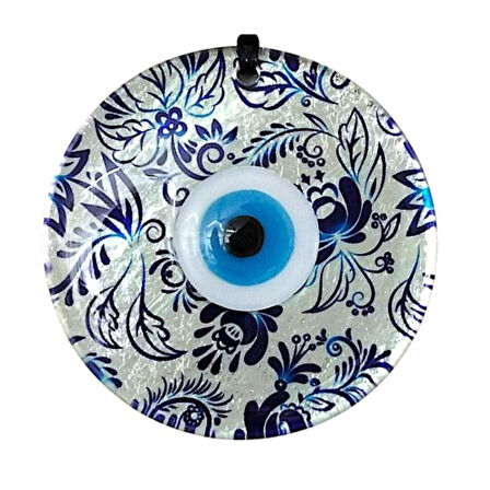 Nazar Boncuklu Yaprak Desenli Gümüş Rengi Füzyon Cam El Yapımı 12 Cm Duvar Süsü Nazarlık Hediyelik Eşya