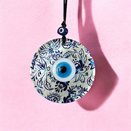 Nazar Boncuklu Yaprak Desenli Gümüş Rengi Füzyon Cam El Yapımı 12 Cm Duvar Süsü Nazarlık Hediyelik Eşya