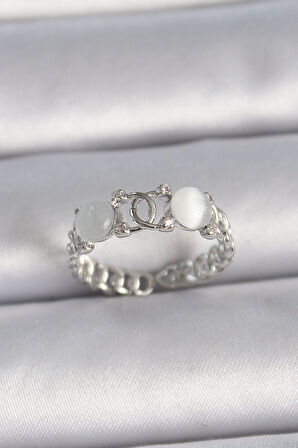 Pirinç Gümüş Renk Ayarlanabilir Zirkon Taşlı Beyaz Mineli Birleşik Halka Model Kadın Yüzük - Lisinya