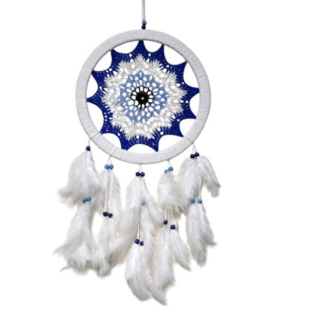 Saks Mavisi Nazar Motifli Kuş Tüylü Duvar Süsü